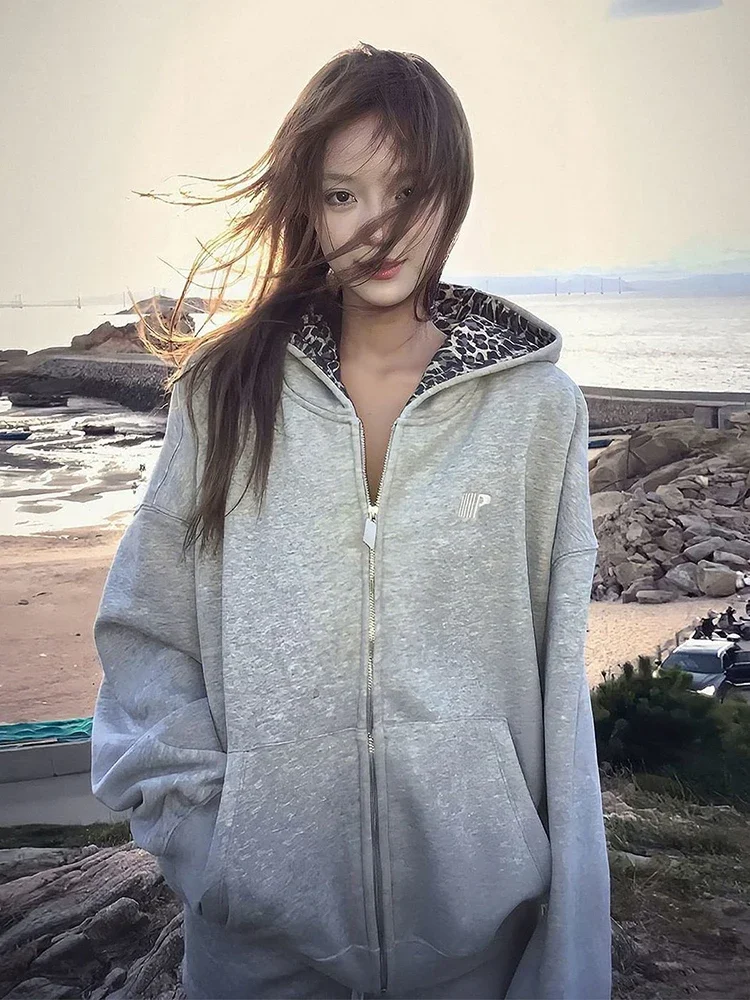 Jmprs Luipaard Retro Amerikaanse Hoodies Vrouwen Losse Hip Hop Streetwear Y2K Sweatshirts Vintage Brief Lange Mouw Bf Herfst Tops