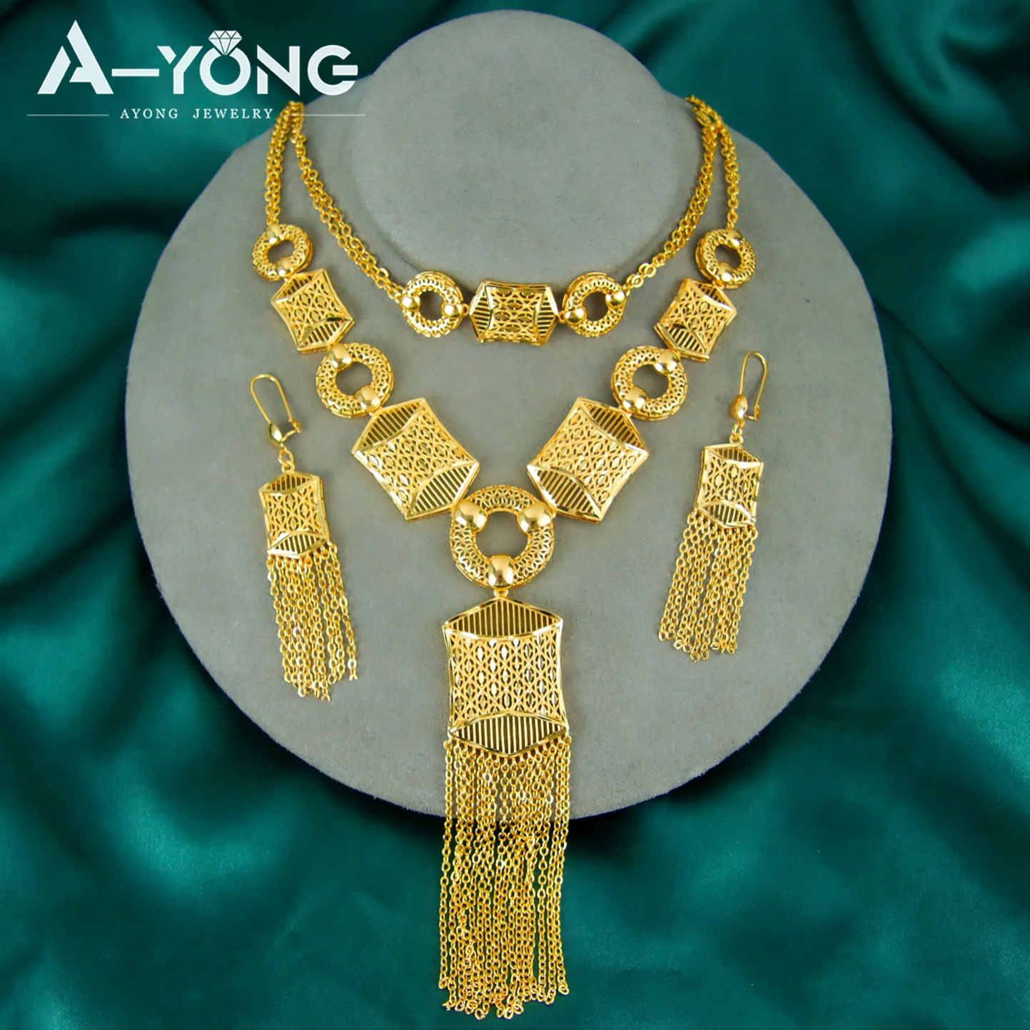 Algeria Bridal Wedding Jewelry 21k Gold Plated Tassel Hollow Ethiopian Luxury Necklace Bracelet Earrings Oman Islamic Dress Part