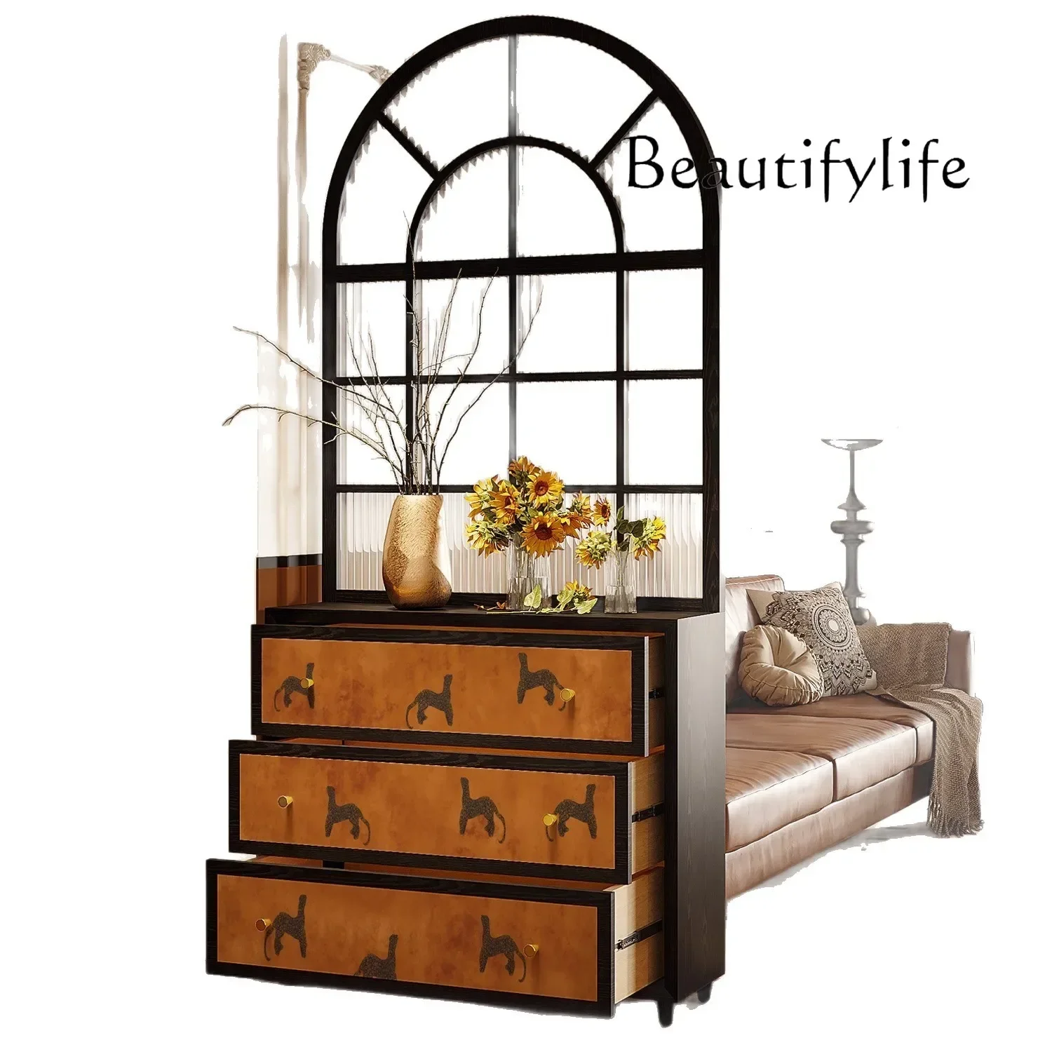 

FG10French retro abstract entrance cabinet Solid wood entry door Screen glass partition Living room locker