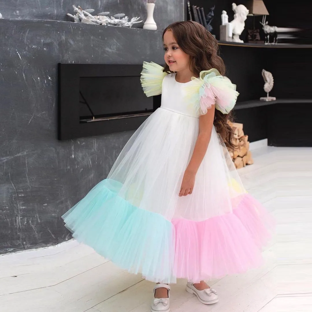 Cute Colorful Tulle Flower Girl Dress A-Line Girls Princess Wedding Dress Girls Long Puffy Simple First Communion Gown Dresses