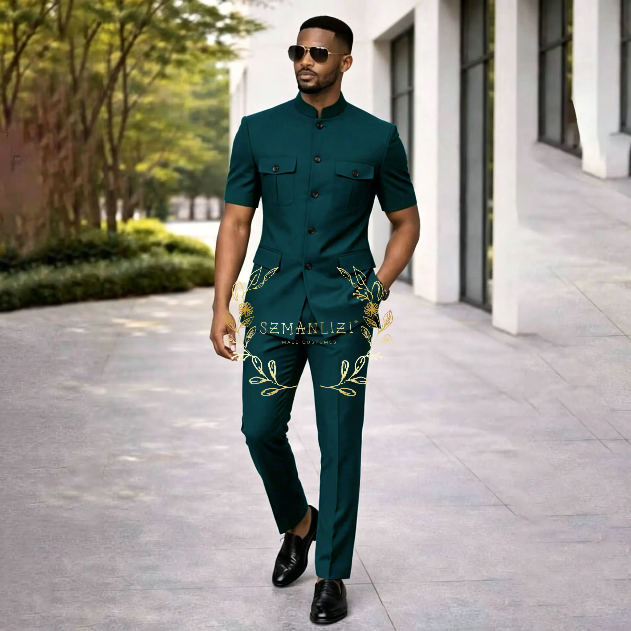 2026 Slim Fit Men Suits Blazer Oil Green Stand Lapel Short Sleeves Formal Wedding Party 2 Piece Jacket Pants Outfits Costume