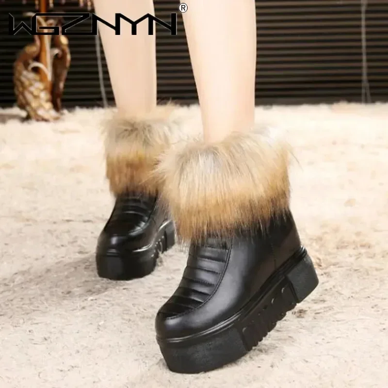 Winter Warm Leather Snow Boots Women Chunky Side Zip Cotton Shoes Fashion Plush Sneakers Height Increasing Footwear White Black