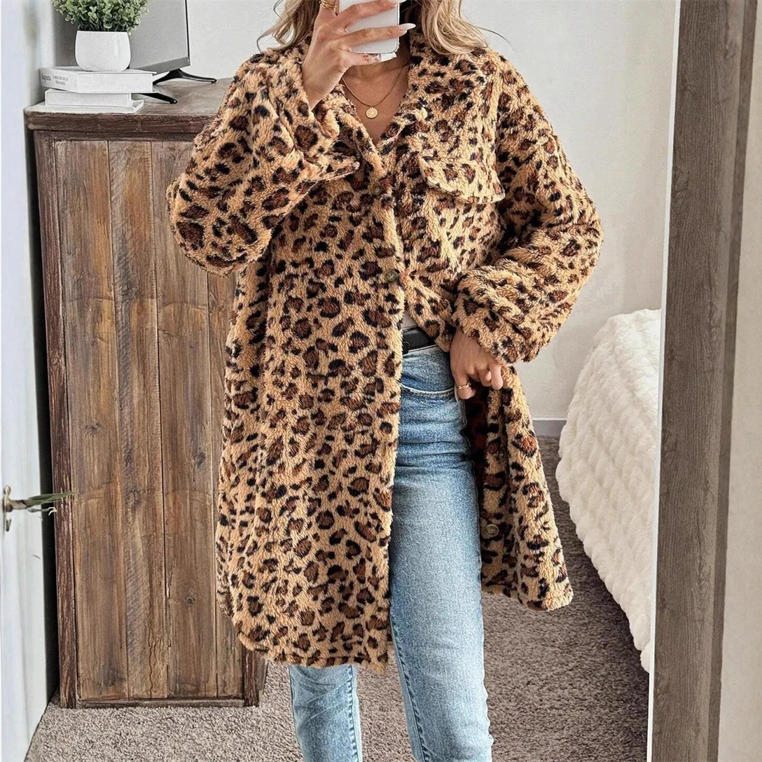 

2025 New Women's Clothing Elegant, Fashionable, Loose and Casual Medium Long Fur Leopard Print Coat Windbreaker
