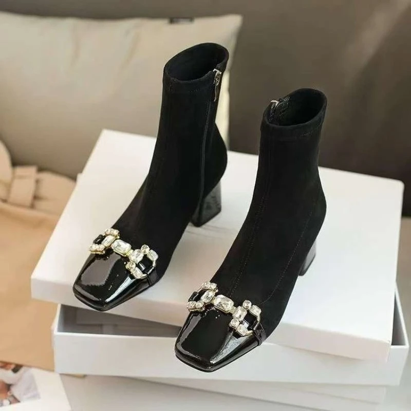 

2025 New Rhinestone Stretch Skinny Boots Square Toe Block Heel High Heel Booties Women Spring and Autumn Single Boots
