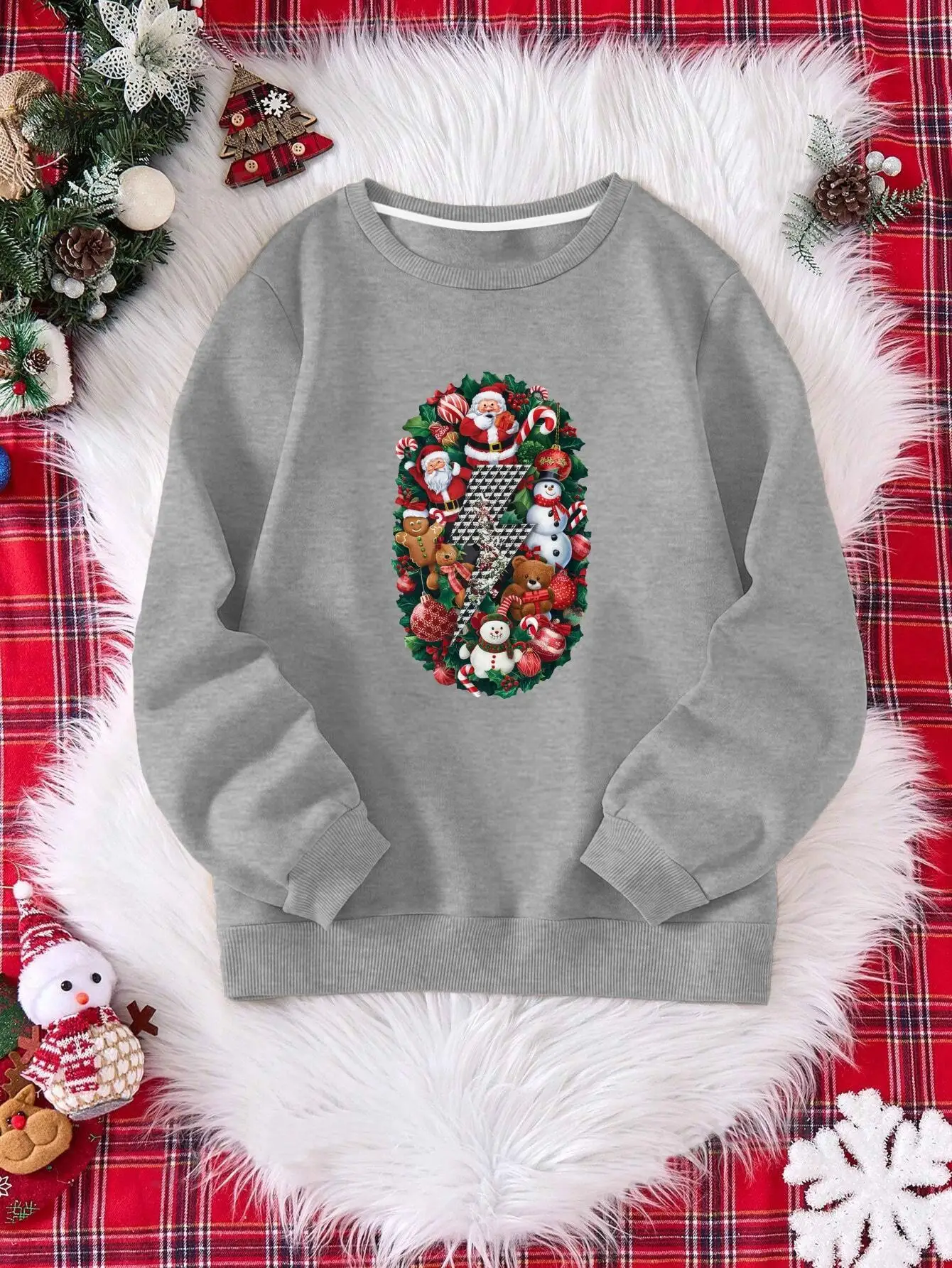 

Women's Festive Lightning Bolt Graphic Sweatshirt-With Holiday Santa, Reindeer & Snowflakes Design,casual Winter