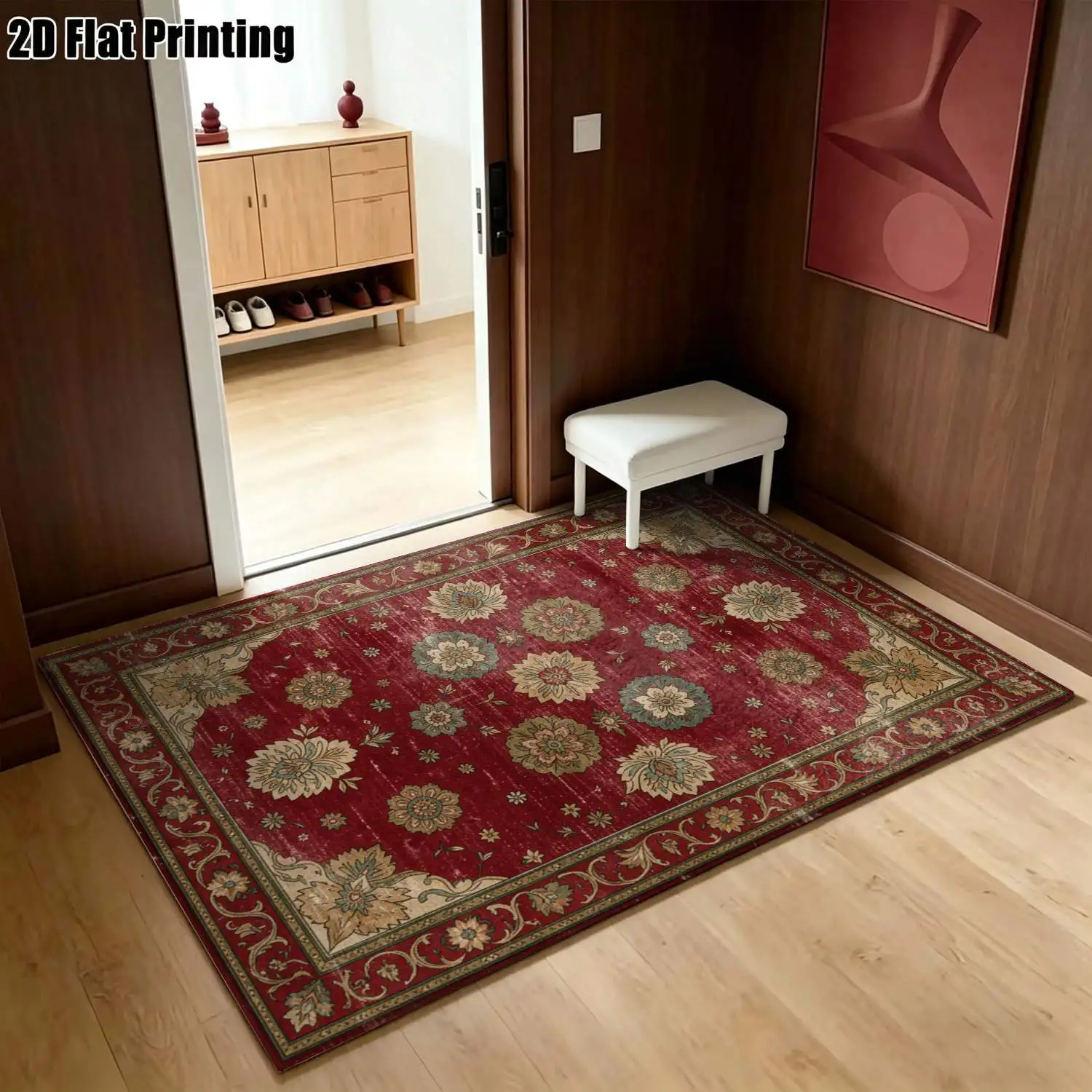 1Pc 2D Printed Red Floral Vintage European Carpet, Home Decor, Machine Washable, Multi-Size, for Entrance, Dining, Foyer, Living Room, Bedroom