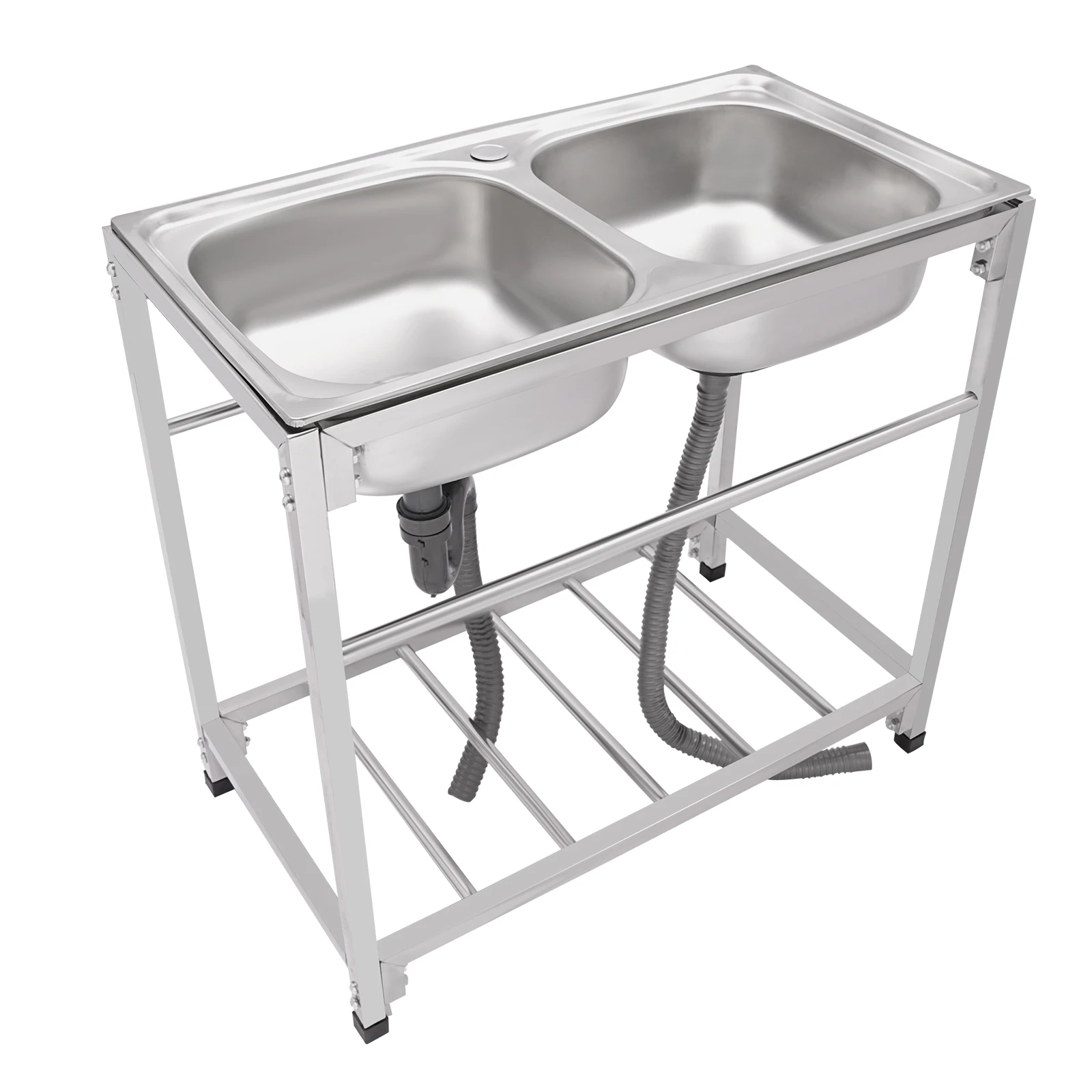 Kitchen Sinks-Durable Stainless Steel Commercial Sink with Double Bowls and Extra Storage for Efficient Workspaces