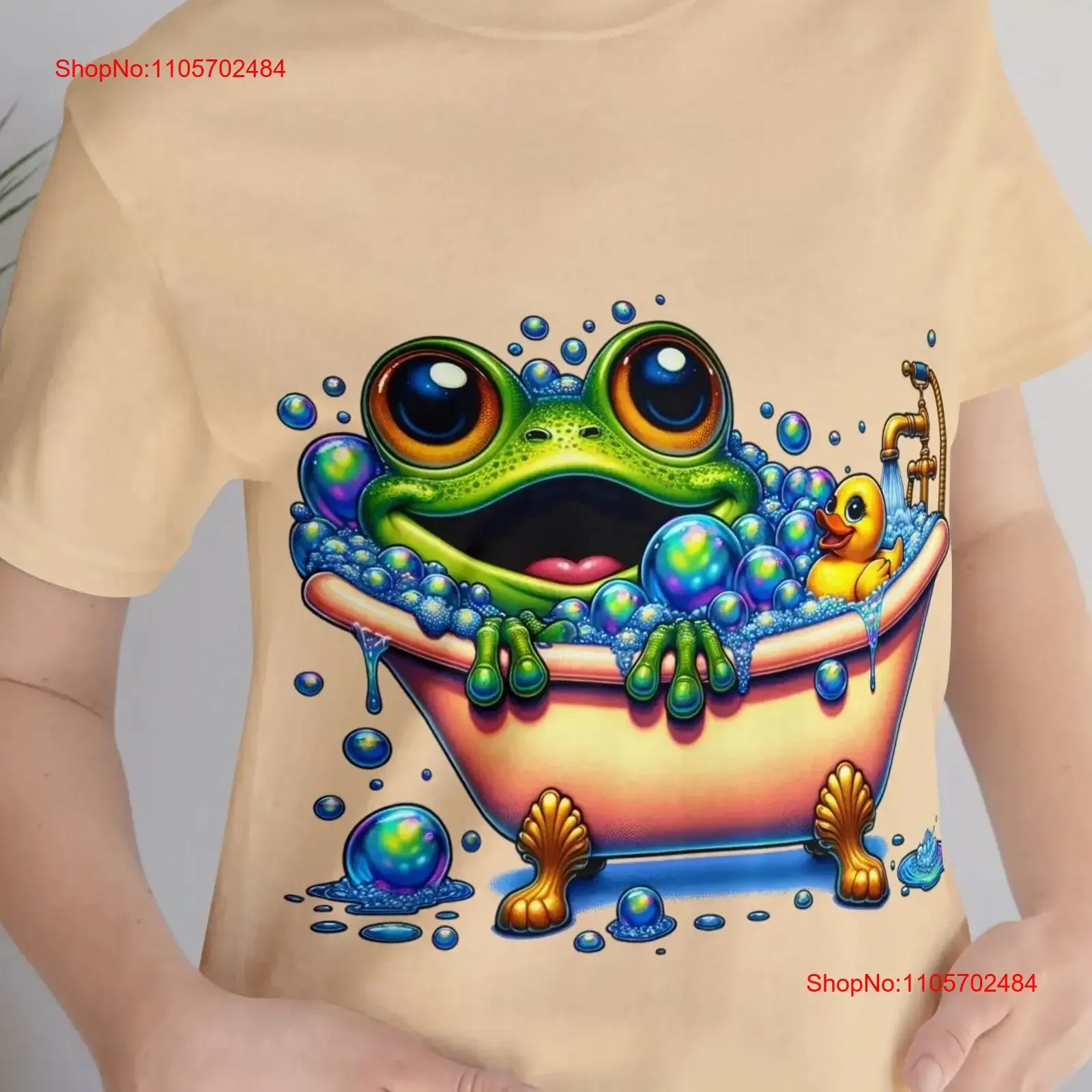 Fun Cartoon Frog Bubble Bath T Shirt Expressive Eye Design DTG Print for All Ages Playful Casual Wear Top Idea vintage Washed