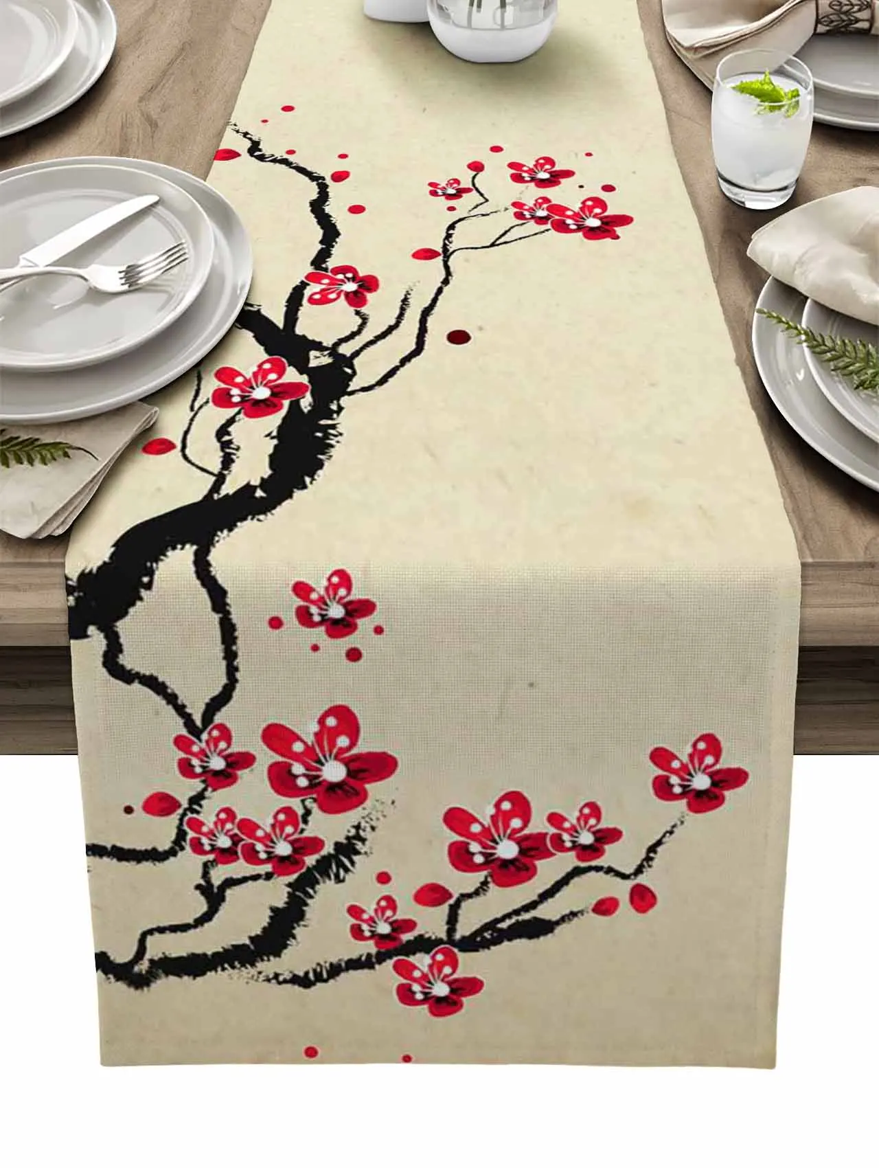 

Cherry Blossom Branch Flower Style Linen Table Runners Wedding Decor Coffee Table Holiday Home Ornament Dinner Tablecloth