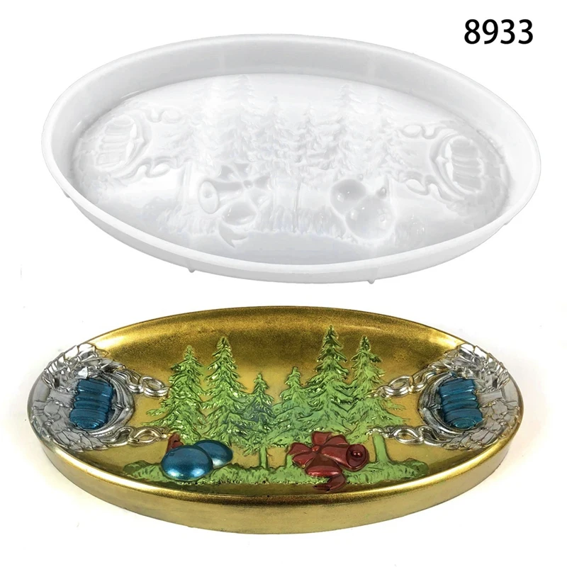 1 Piece Christmas Tray Silicone Mold Silica Gel Storage Tray Ornaments DIY Oval Semi-Dimensional Christmas Decorative Tray