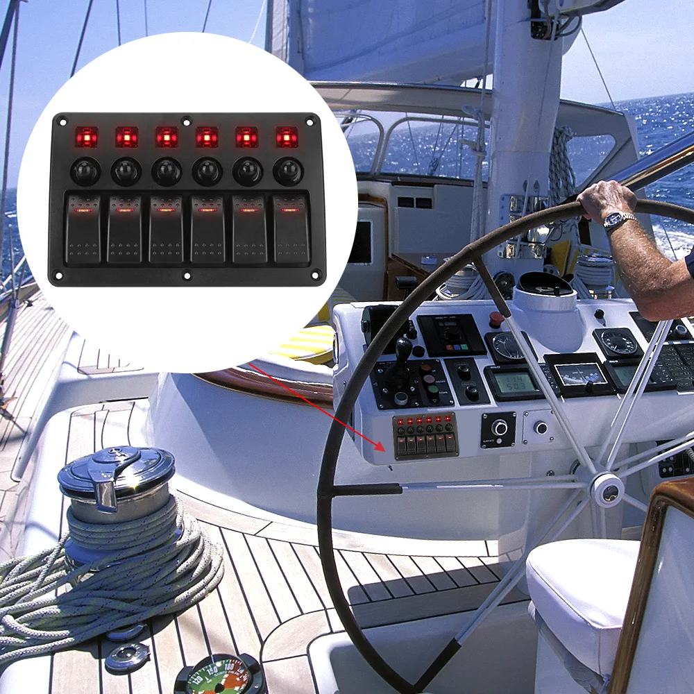 Painel de interruptor do carro impermeável, controle de circuito com adesivo, 6 Gang Marine Rocker, luz LED, 12-24V