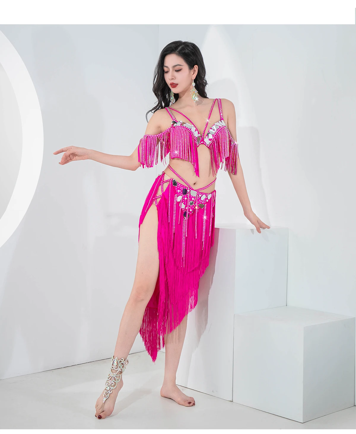 Sexy feminino tambor solo dança abertura traje de dança competição dança do ventre oriental frisado sutiã franjas hip saia 2 pçs outfit