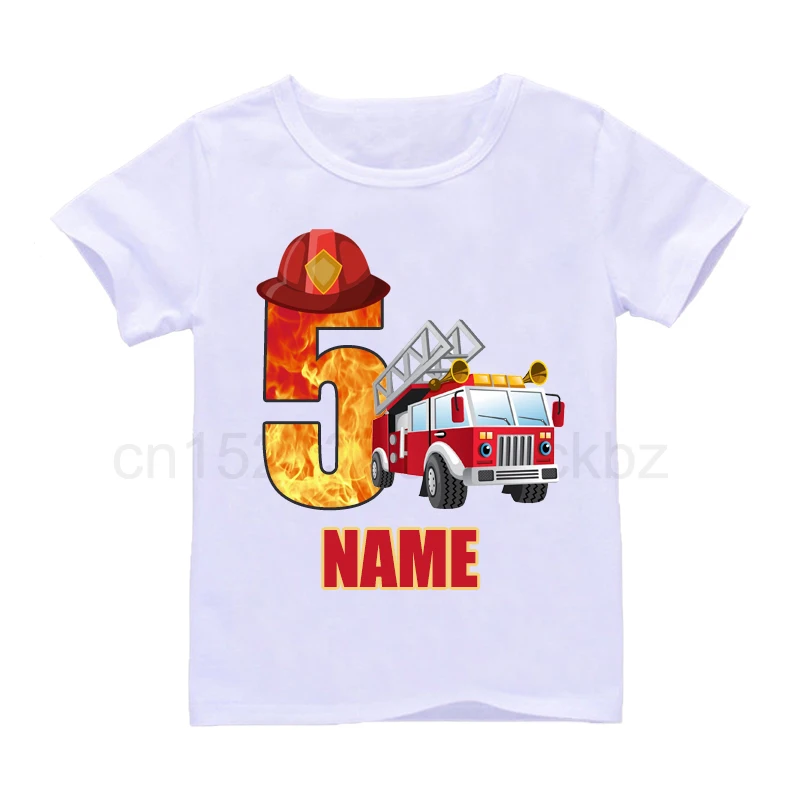 Baby Boys Cool Firefighter Car Birthday Numbers Name T-Shirt Children Girls Happy Birthday T Shirt Kids White Tops