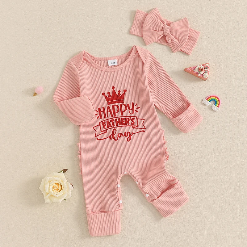 

0-6Months Newborn Jumpsuit Infant Baby Long Sleeve Letters Crown Print Bodysuit with Bowknot Headband Father’s Day Outfits