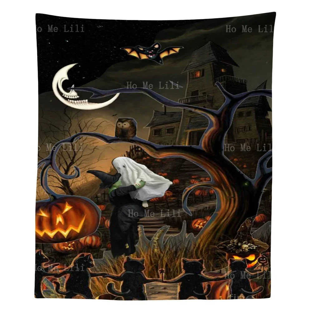 

A Group Of Black Cats Dancing Under A Jack-O '-Lantern On A Scary Halloween Night Decorate Rooms With Tapestries