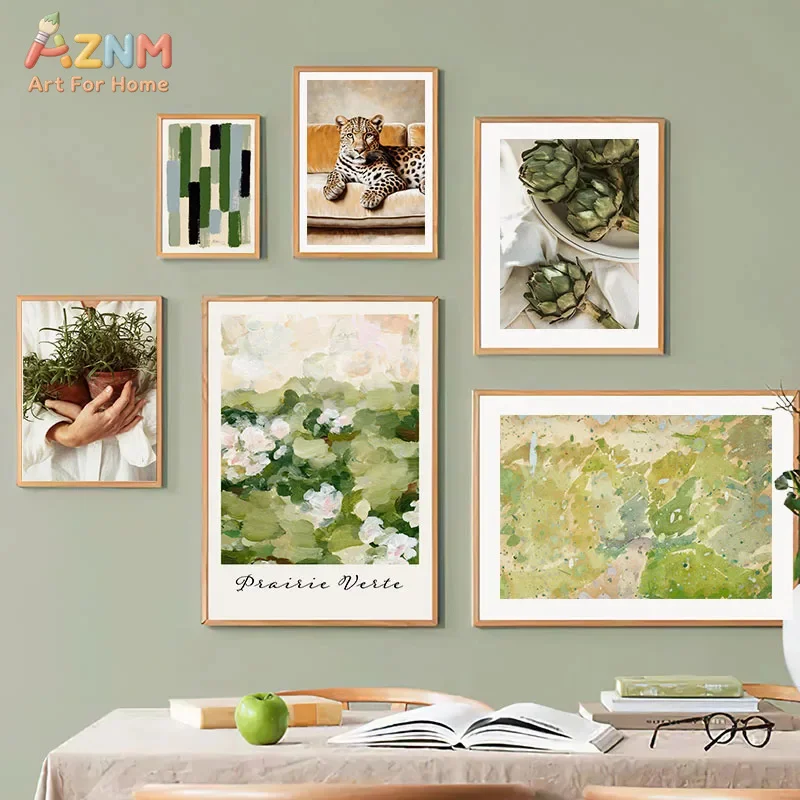 AZNM Sage Green Abstract Leopard Floral Vegetable Canvas Wall Art Neutral Country Landscape Print Unframed Canvas Painting Dinin