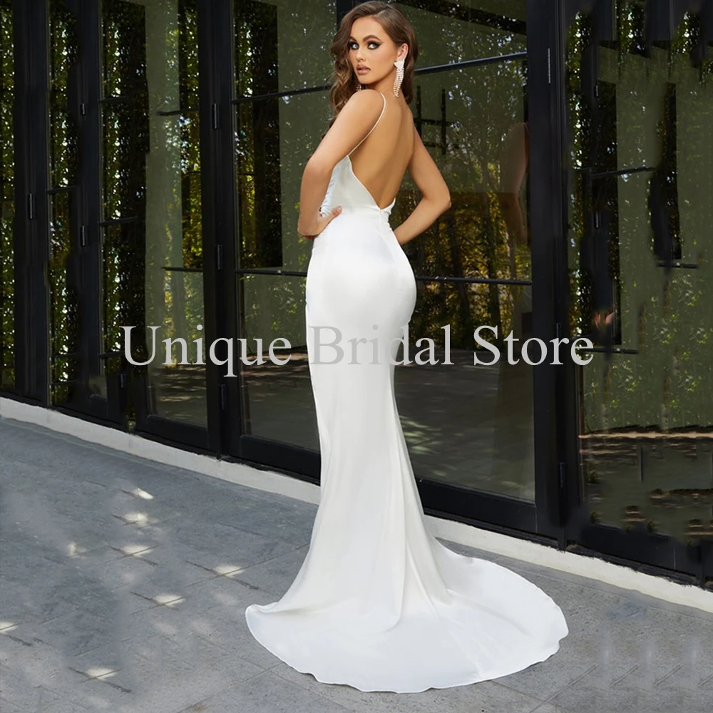 UETEEY Spaghetti Strap Meerjungfrau Hochzeit Kleid V-ausschnitt Split Vordere Ärmel Falten Backless Brautkleider 2022 Sexy Hochzeit kleider