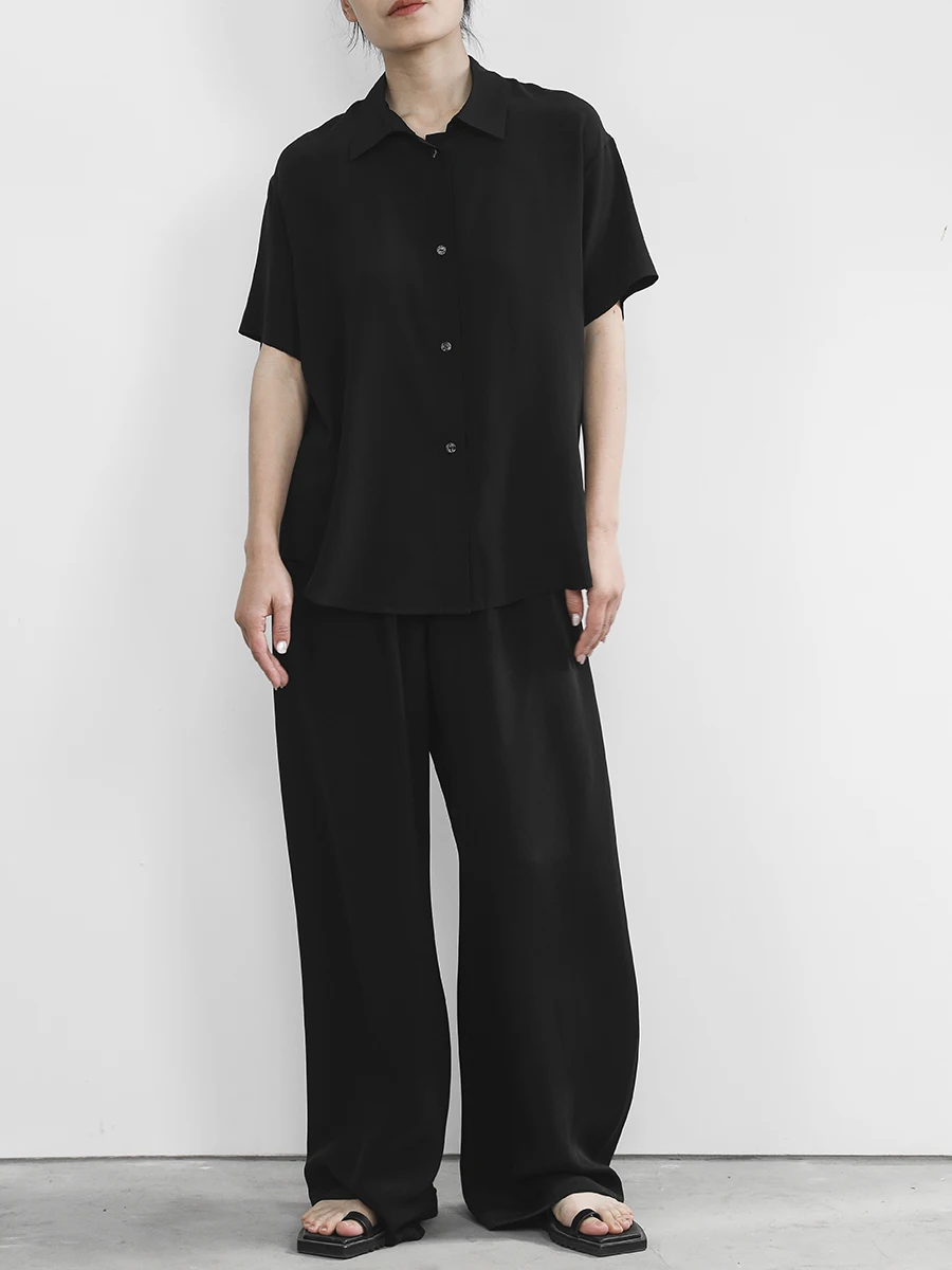 

Juzinine Original Design Silk Shantung Shirt Silk Top Short Sleeve Shirt Straight Style Pure Color Summer Fashion