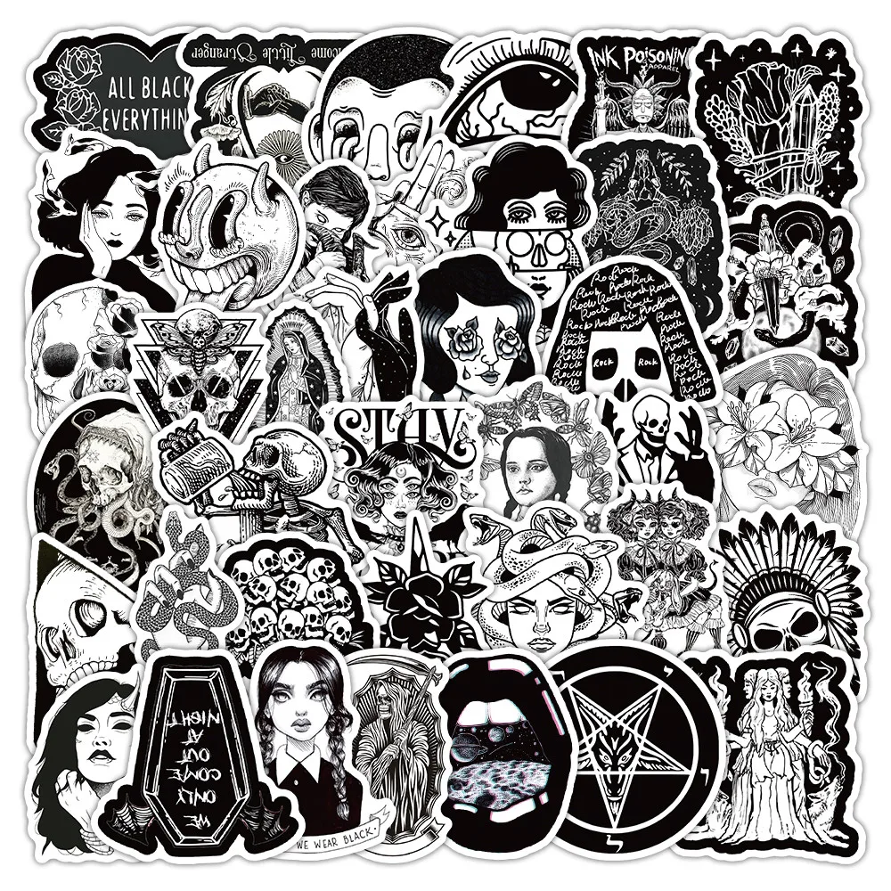 52Pcs Monochrome Gothic Punk Style Waterproof Decals for Notebook Skateboard Papery Pop Store
