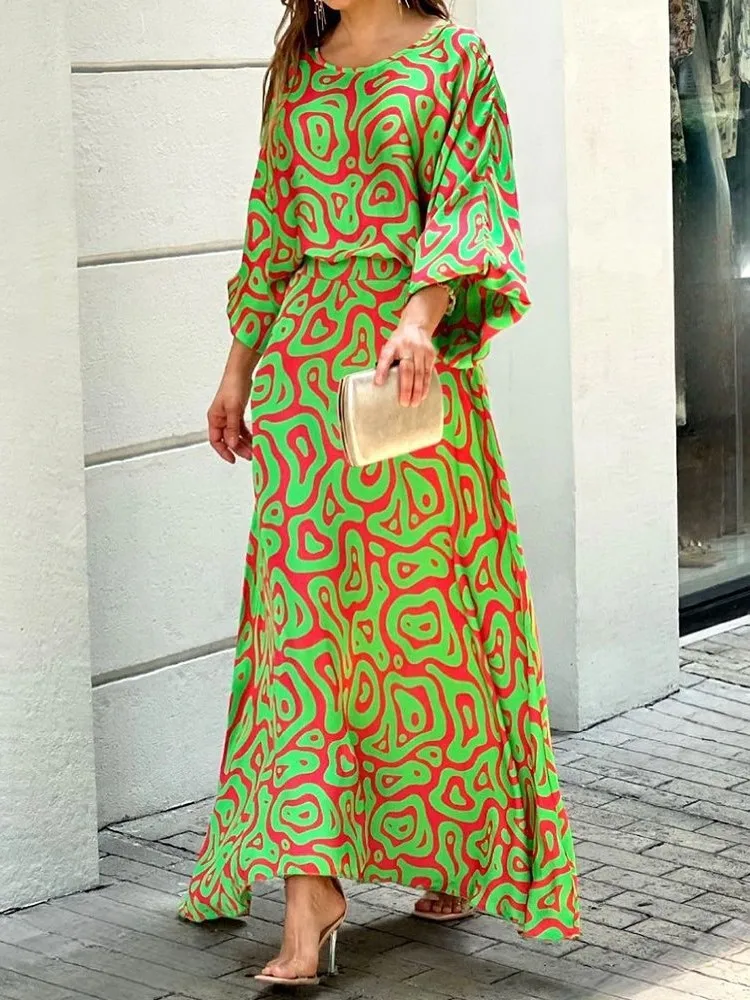 

Han Style Spring Women's Fashionable Printed Long Sleeved Round Neck Loose Top High Waist Half Body Long Skirt 2-piece Set 3XL