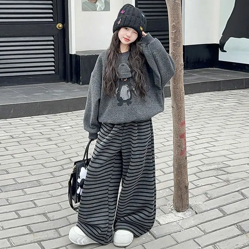 2026 Autumn Kid Girls Cloth Set Suit Child Loose Animal Sweatshirt T-Shirt Top + Wide Leg Striped Pant Tracksuit 4 8 10 12 Year