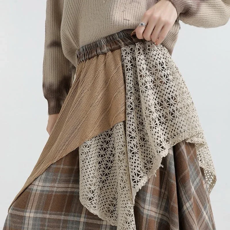 

Y2K Skirts Women Clothing Faldas Mujer De Moda Contrast Color A-Line Jupe Fashion Korean Style Lace Plaid Casual Long Skirt New