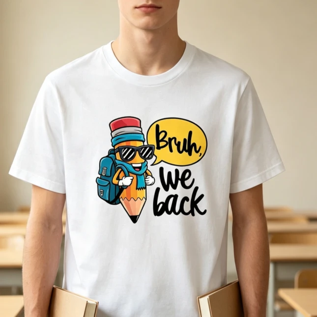 Bruh We Back Shirt Back to School Graphic Tee Funny Pencil Character Print T-Shirt Casual Unisex Teacher Student Top for First