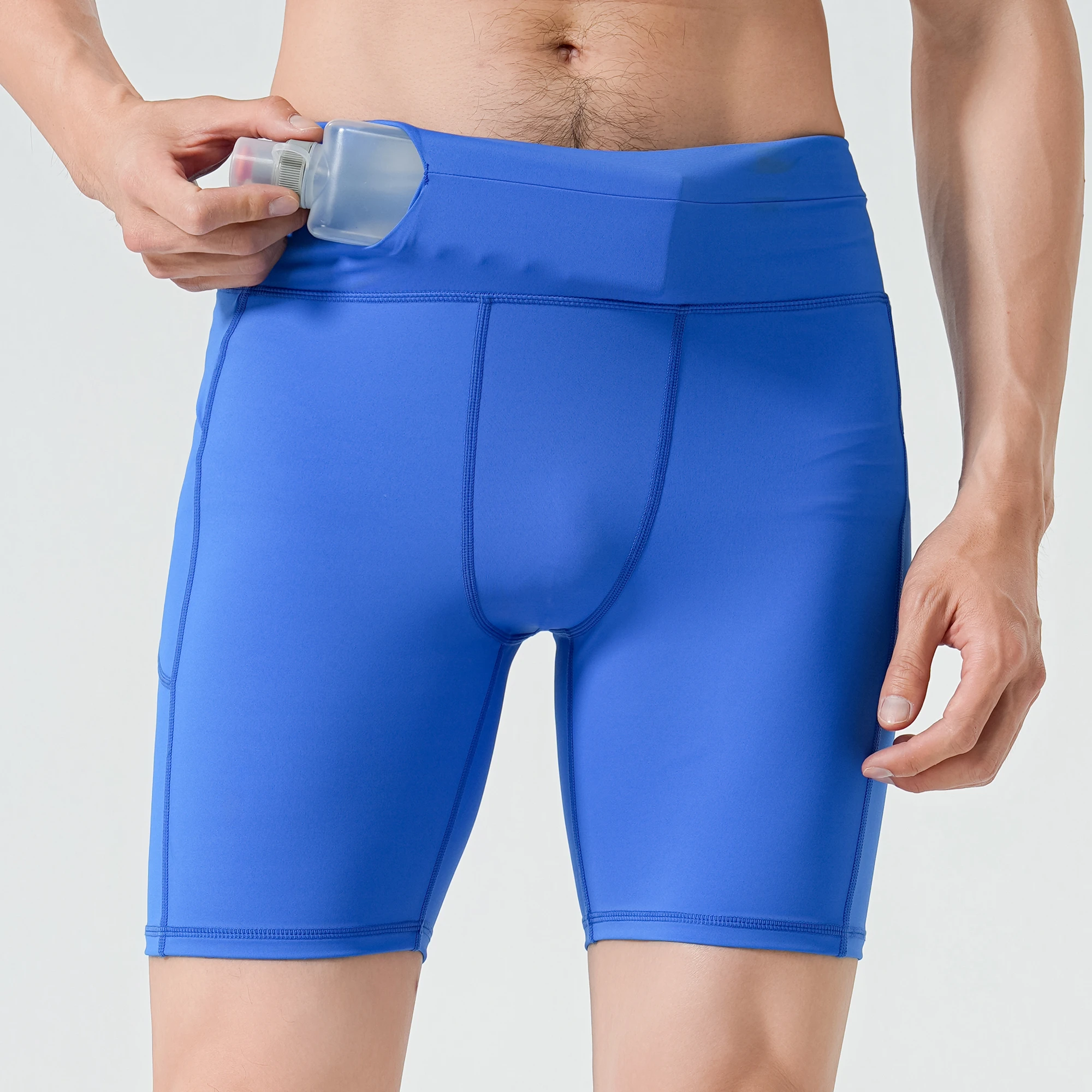 Mens Compression Running Shorts 4 Pockets Outdoor Sport Tights Exercise Fitness Cycling Leggings Elastic Back Pockets Waterproof
