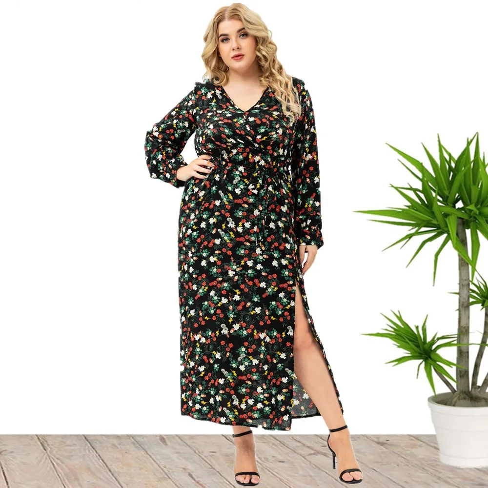 Plus Size New Arrival z dekoltem w szpic z długim rękawem w kwiatowy wzór jesienne sukienki z wiskozy dla dużych eleganckich kobiet