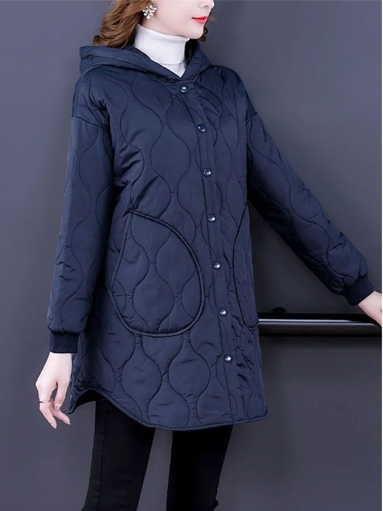 여성용 다운 코튼 패딩 재킷, 후드 파카, 긴 상의, 경량, 얇은 오버코트, 오버사이즈 L-6XL, 가을, 겨울, 2023
