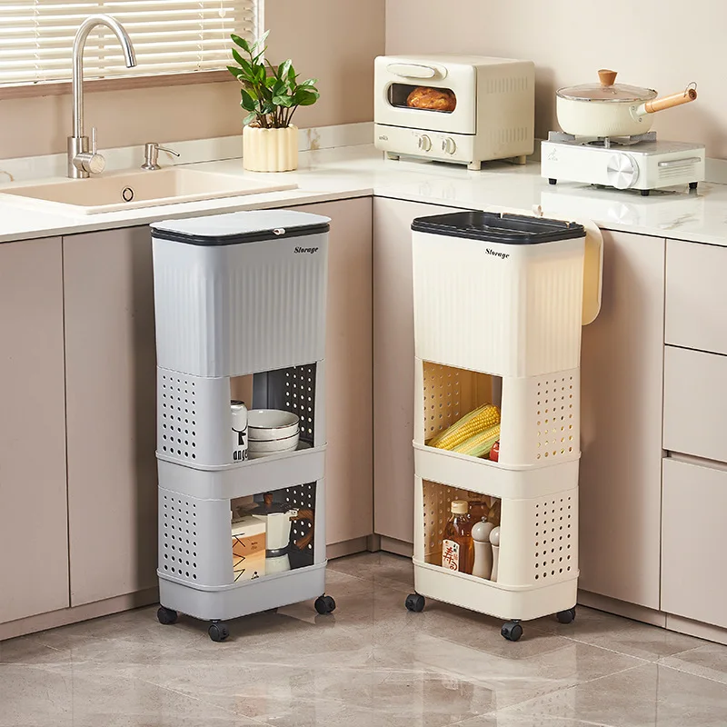 High Capacity Kitchen Trash Can No Bending Lid Japanese Style Double Layer Movable Storage Rack No Bending Required