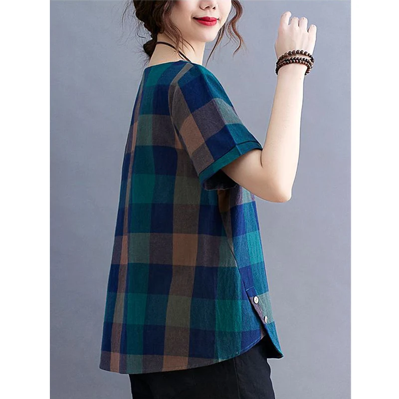 Vintage Plaid Print Pocket Irregular Casual Tops for Women 2023 Summer Round Neck Short Sleeve Loose Cotton Linen Shirts Blouses