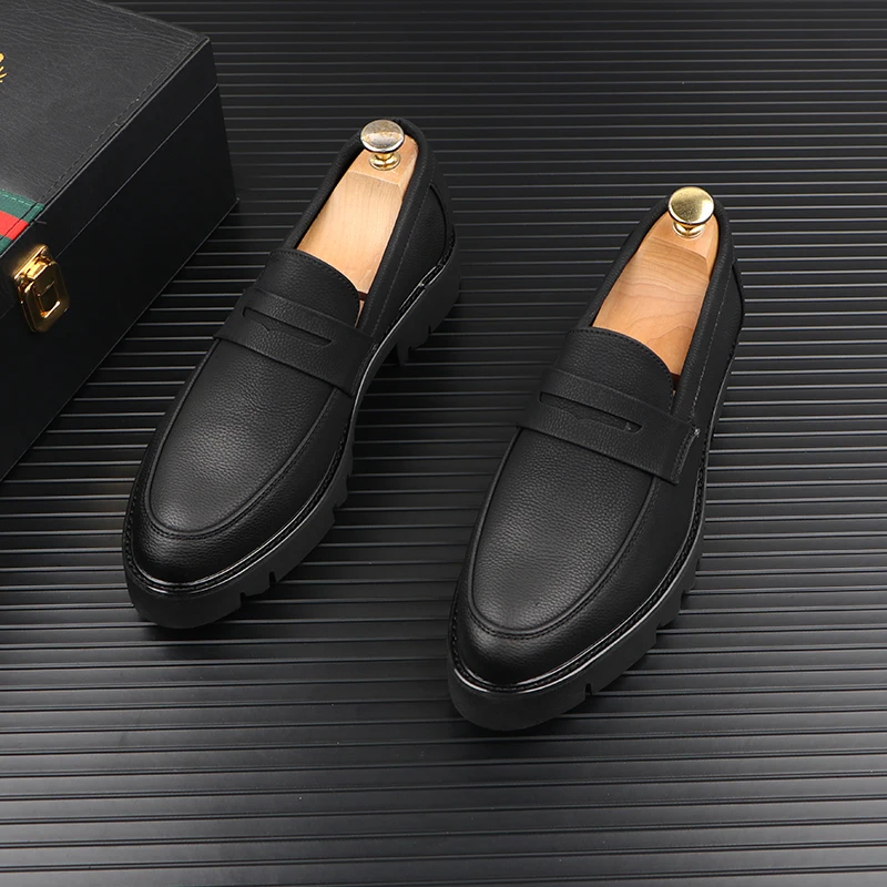 men casual genuine leather shoes slip-on driving shoe business wedding formal dress black trendy platform loafers mans footwear