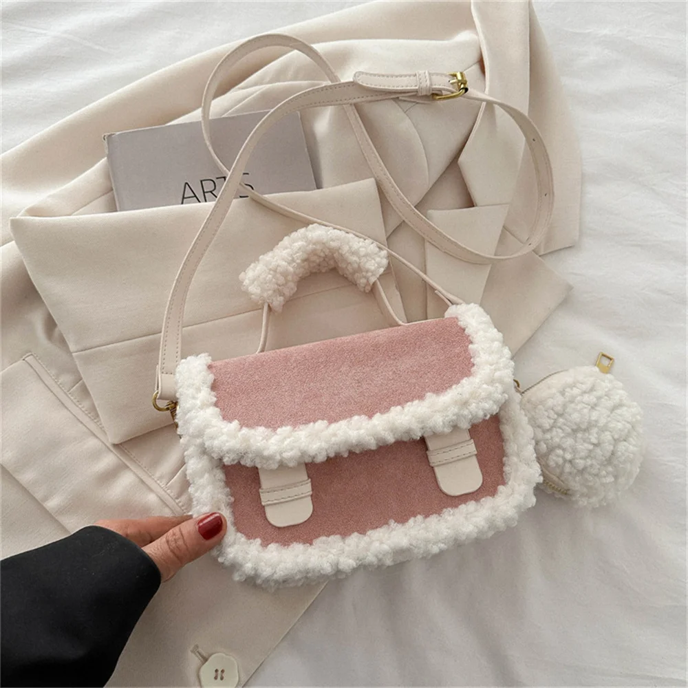 Fashion Shoulder Bags Large Capacity Crossbody Bag For Women Girl Handbag Small Square Bag Sherpa Bag With Round Plush Purse