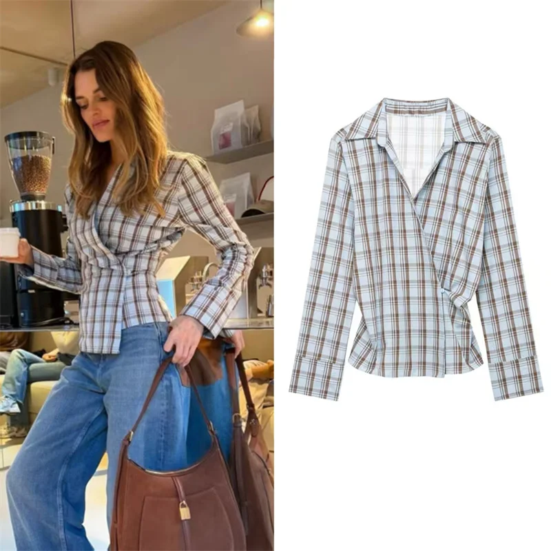 

Women's Shirt 2026 Spring New Light Blue Plaid Waist-Cinched Pleated Poplin Double-Breasted Shirt Trendy and Stylish