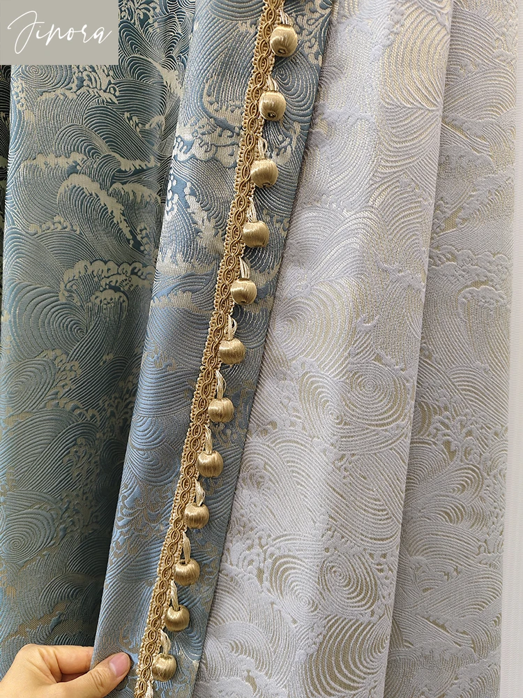 New Chinese Auspicious Clouds Ocean Tide Pattern Blue Gold Silk Jacquard Curtains For Living Room Bedroom French Window Villa