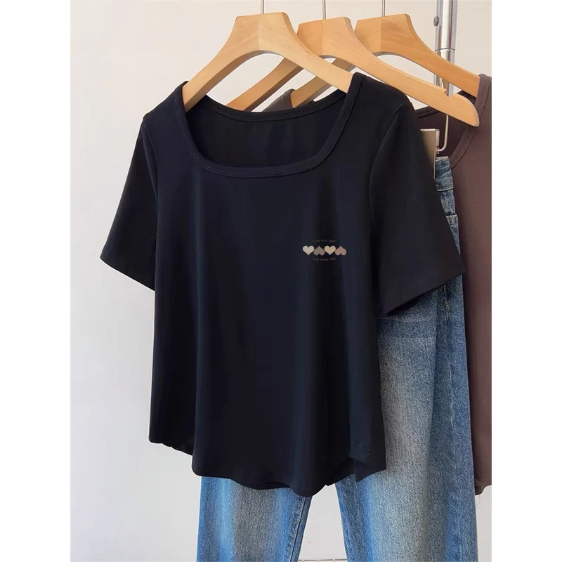 Pure Cotton Short Sleeve T-Shirt Women's Summer New Loose Casual Fashion Irregular Hem Square Collar Half Sleeve Top