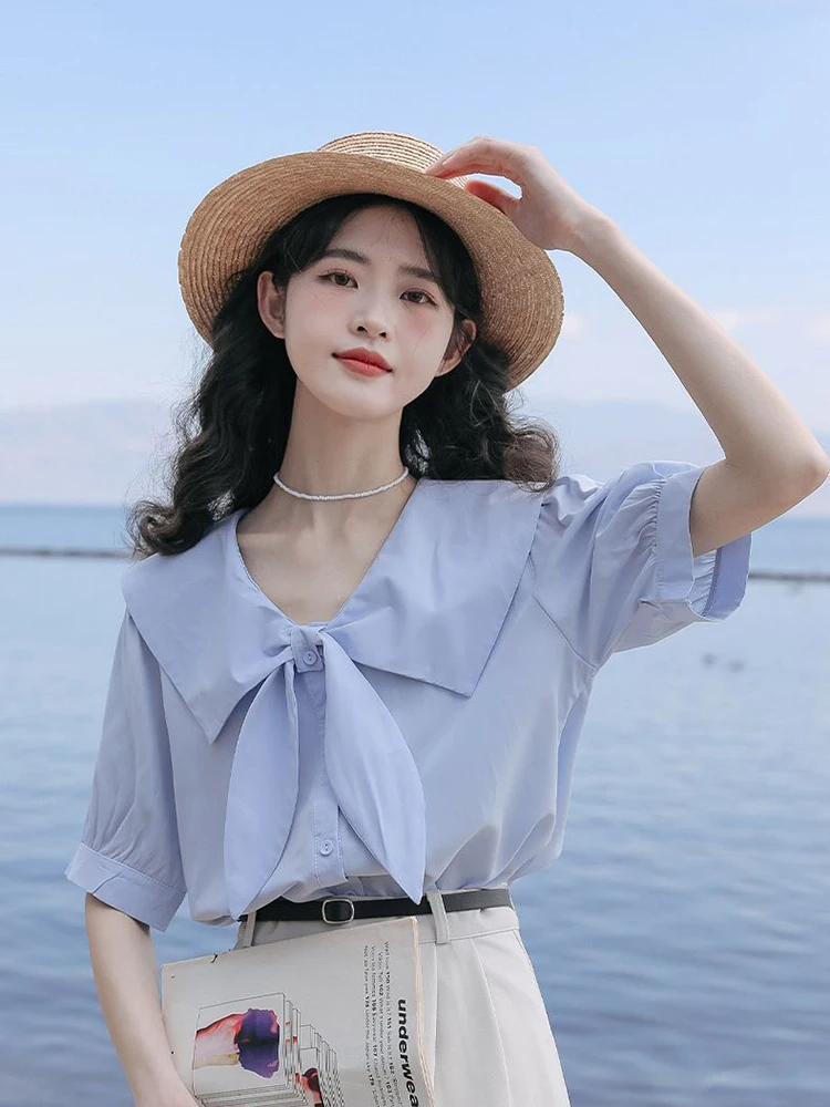 Zoki Sweet Bow Elegant Shirt Women Korean Loose Short Sleeve Blouse Casual Cute Peter Pan Collar Female Summer All Match Tops