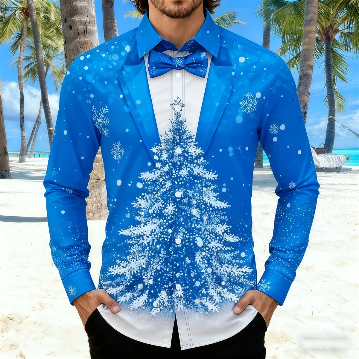 

Men's Christmas tree long-sleeved shirt, formal business shirt, printed tie, suitable for holiday parties, fast shipping.
