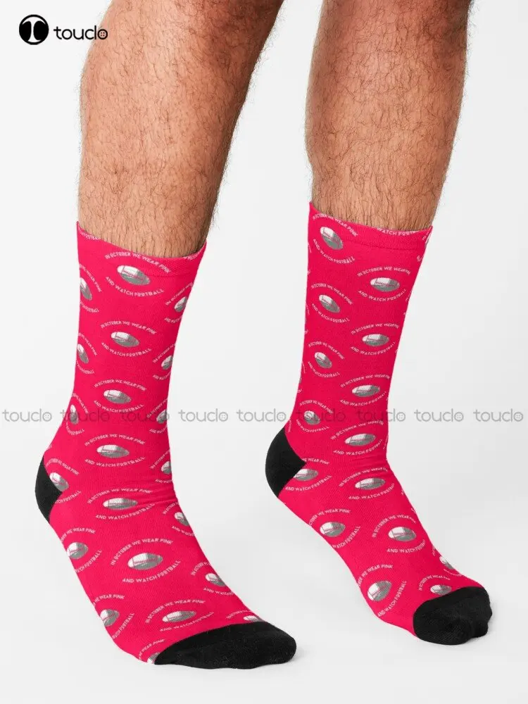 In October We Wear Pink And Watch Football Socks Cotton Socks For Men 360° Digital Print Custom Gift Street Skateboard Socks