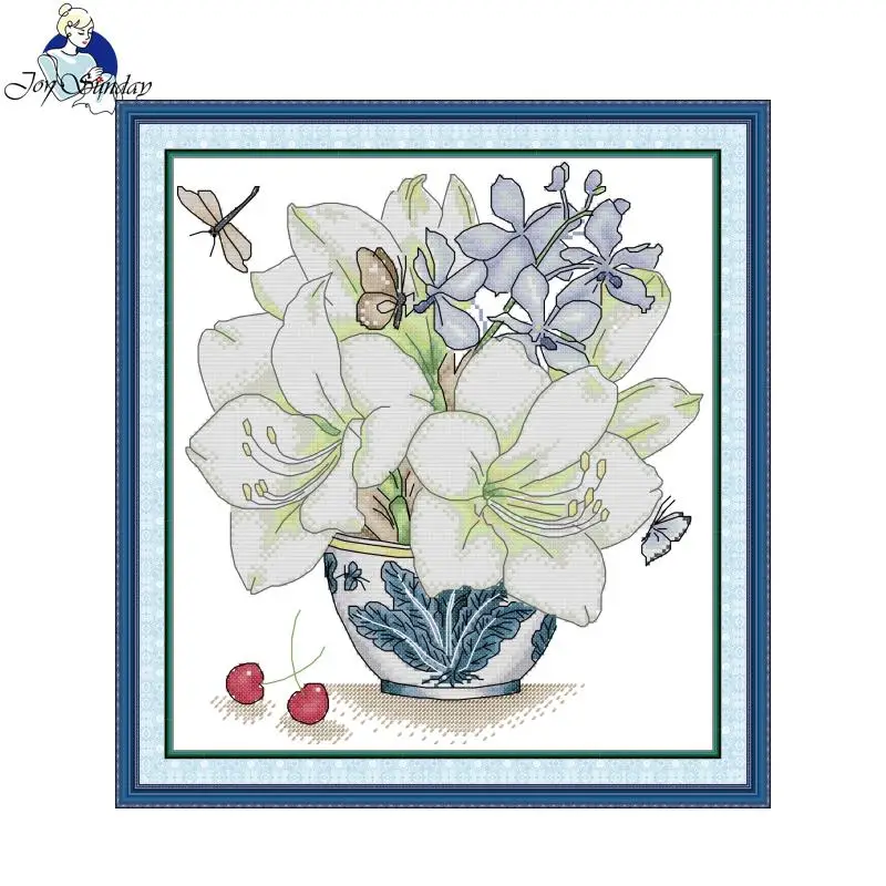 Joy Sunday Cross Stitch Kit Magnolia Liliflora HD Pattern Aida 16/14/11CT Counted Printed Canva DIY Embroidery Kit Home Decor