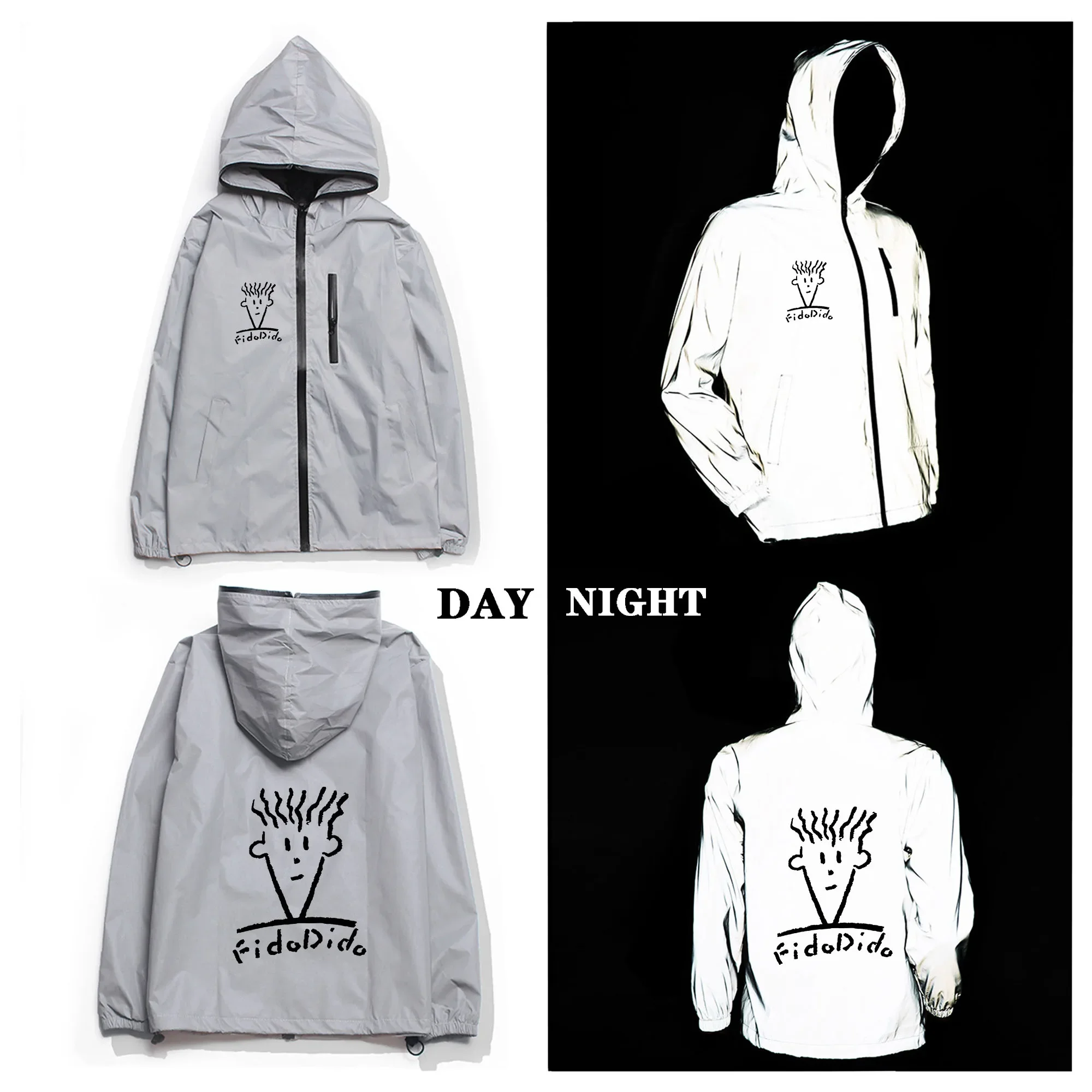 Fido Dido Fashion Custom Reflective Jacket Mens Womens Coat Hooded Windbreaker Run Jackets Cycling Hiking Zipper Custom Hoodie
