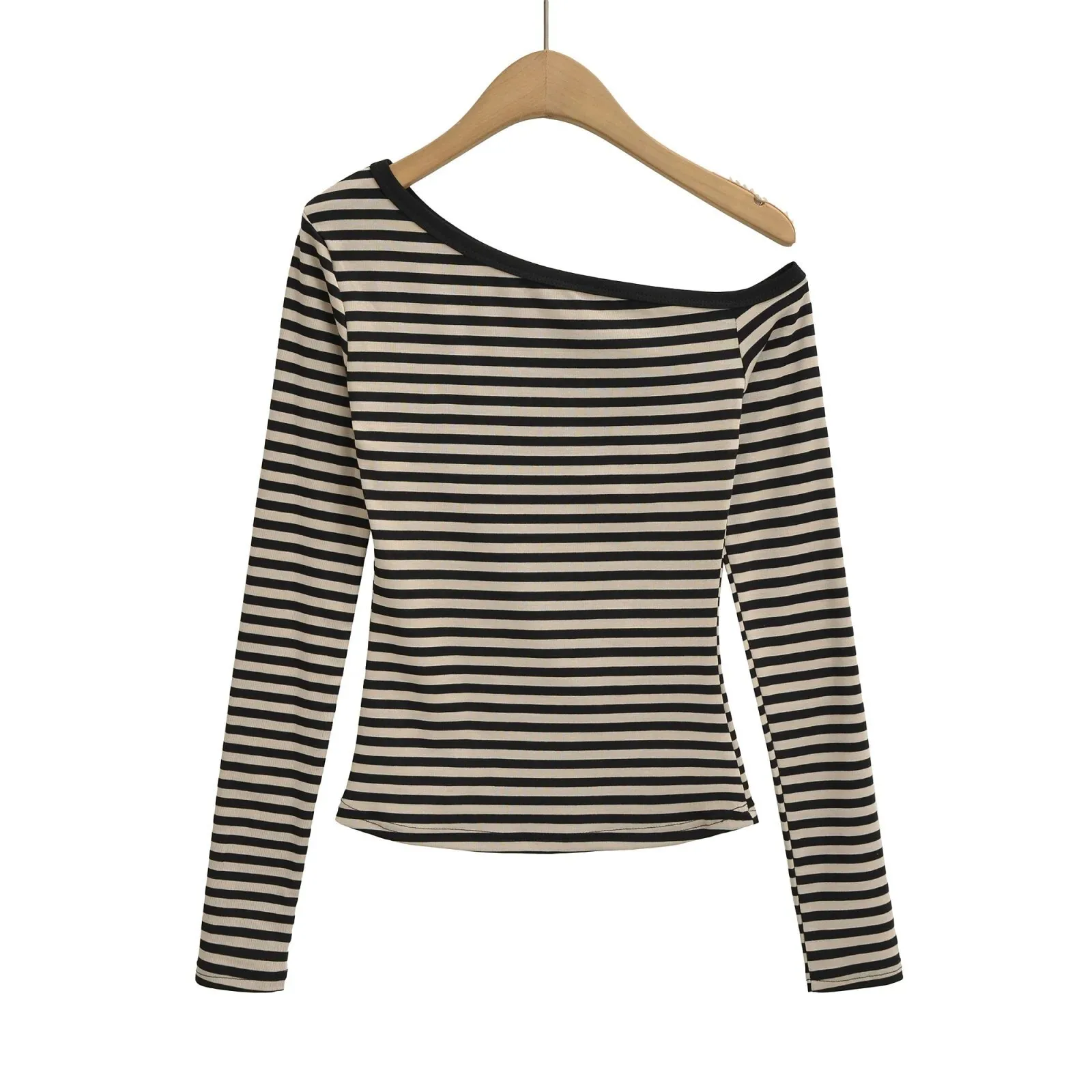 خارج الكتف مخطط كم طويل تي شيرت للنساء المألوف الرقبة خارج الكتف رغبة نقية فتاة ساخنة قاعدة فريدة QSW6 #4