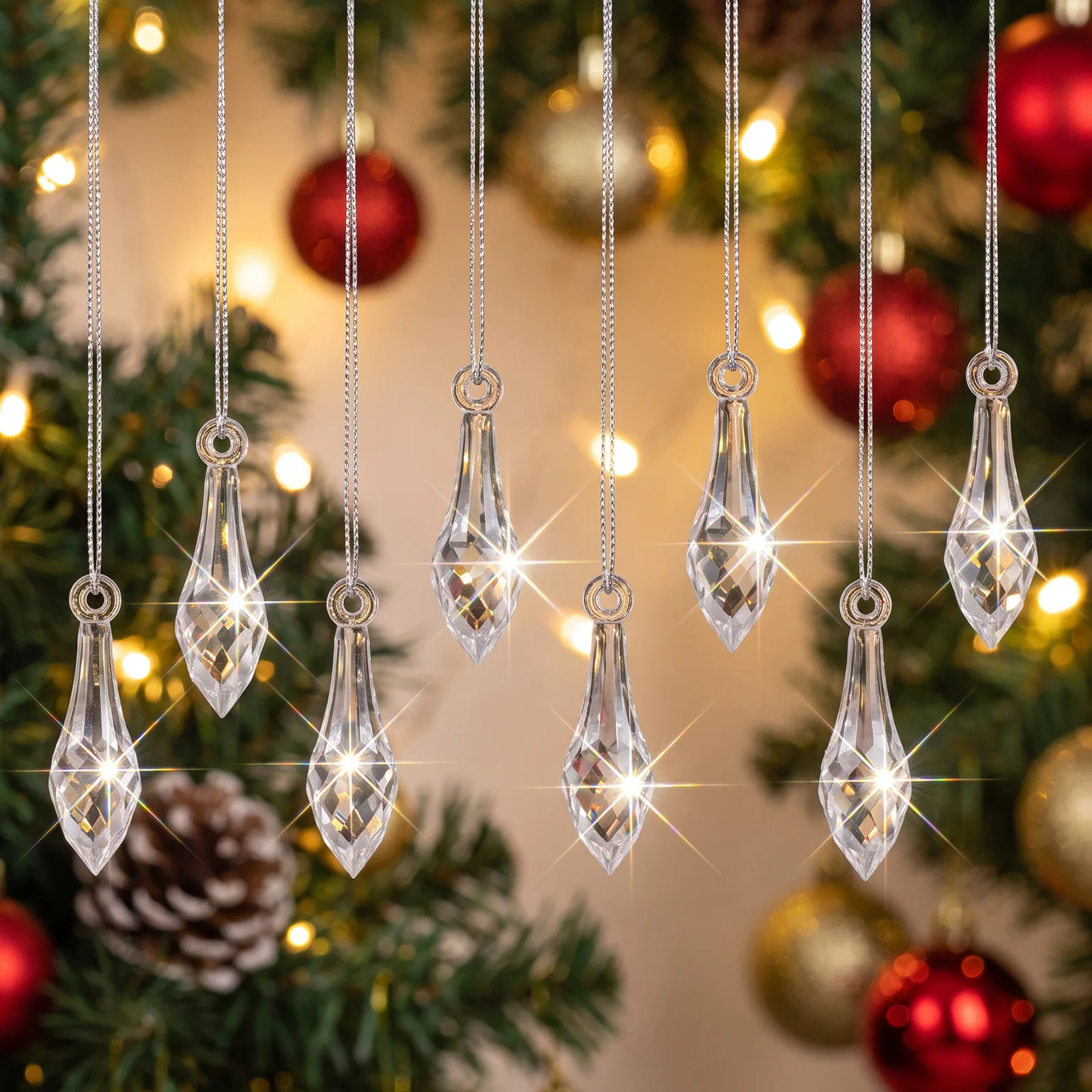 24pcs-Christmas Crystal Icicle Ornaments Clear Faceted Teardrop Hanging Decorations Tree Window Holiday Home Party Decor Gift