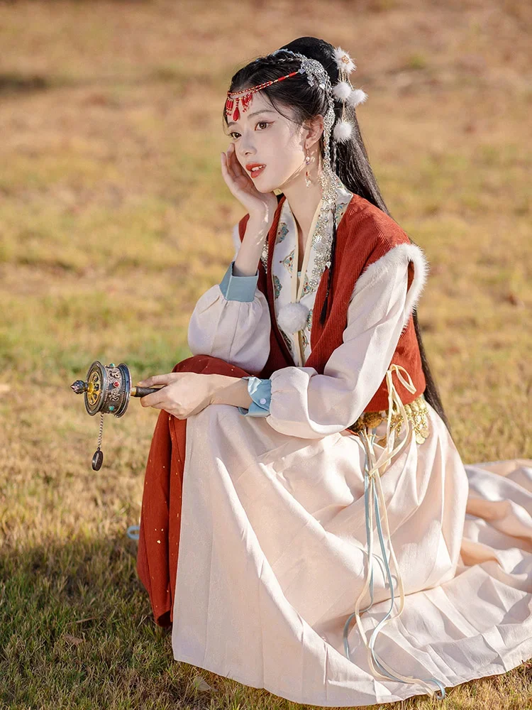 Costume Hanfu de style chinois pour femmes, nouveaux éléments tibétains adultes, vêtements de prairie imbibés de Tang, régions occidentales améliorées