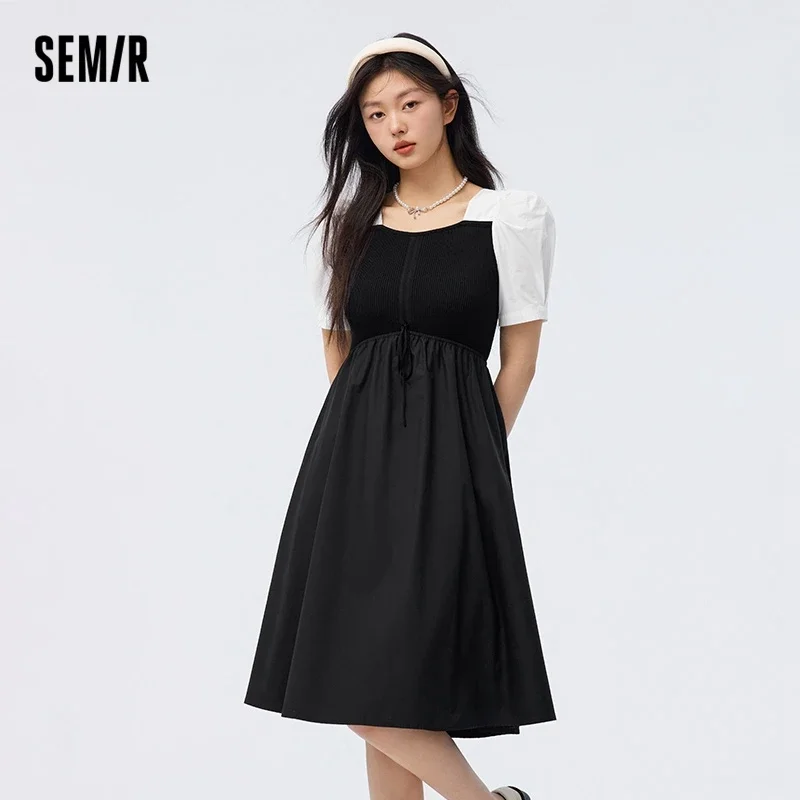 Semir Dress Women Square Neck 2024 Summer New Slim Fit Panel Black Dress