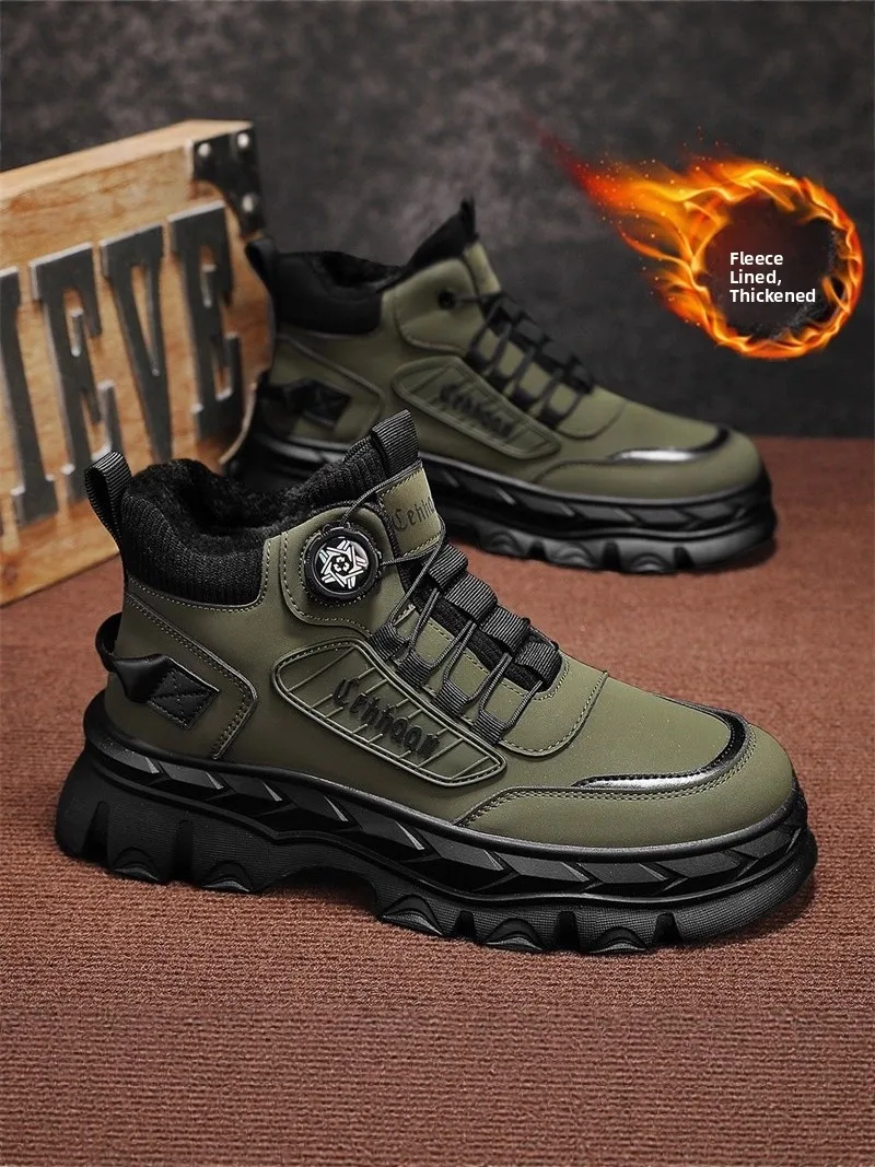 Men's High-Top Boots Fleece Lined Thickened Winter Warm Leather Fur Integrated Anti-Cold  Boots Casual round Toe
