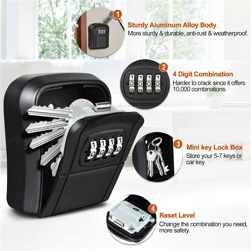 A72Z 2X Key Box Wall Mounted Mini Key Safe Outdoor Key Box With Resettable 4-Digit Numeric Code Waterproof Key Box (Black)