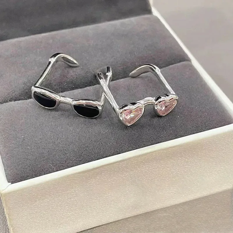 재미있는 귀여운 안경 모양 반지 귀여운 하트 선글라스 오픈 링 여성 남성 소녀 조절 가능한 미니 안경 손가락 장신구 선물