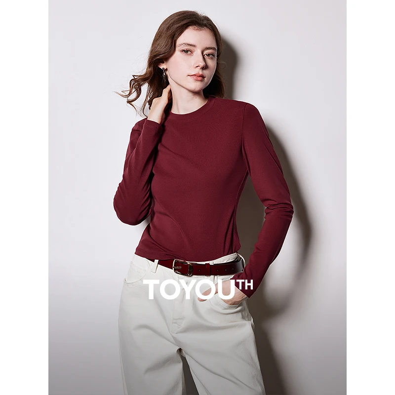 TOYOUTH Women T-shirt 2025 Spring New Lyocell Ankela Red Simple and Versatile Base Shirt Tops